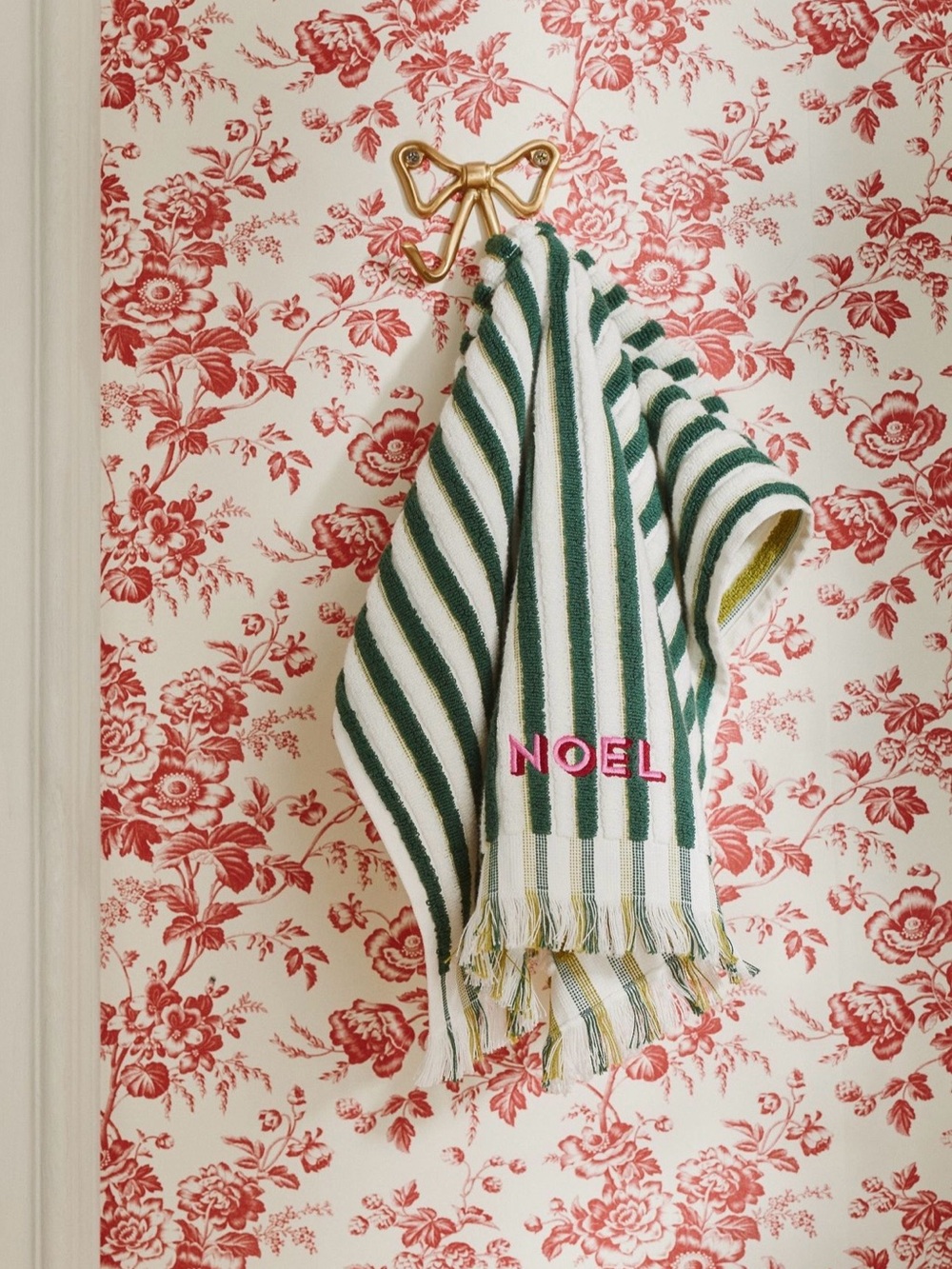Anthropologie Holiday Striped Embroidered Hand Towel, Green & White